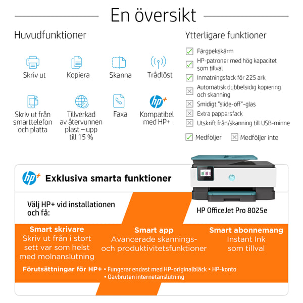 HP OfficeJet Pro 8025e Trådlöst All-in-One Färg Skrivare, Instant Ink; Dubbelsidig utskrift