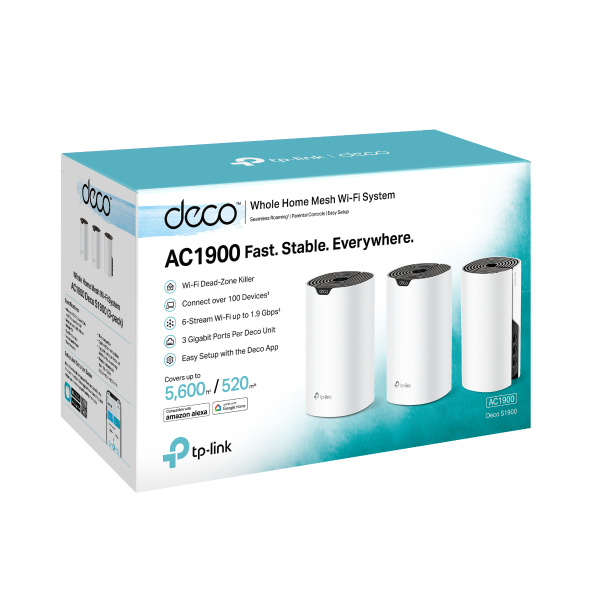 TP-Link DECO S1900(3-PACK) Wi-Fi-verkkojärjestelmä Kaksitaajuus (2,4 GHz/5 GHz) Wi-Fi 5 (802.11ac) Valkoinen Sisäinen