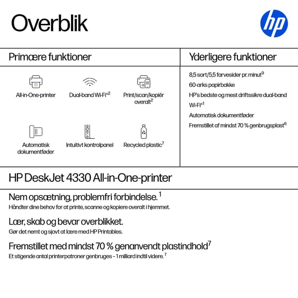HP DeskJet 4330 Trådløst All-in-One Farve Printer, Instant Ink