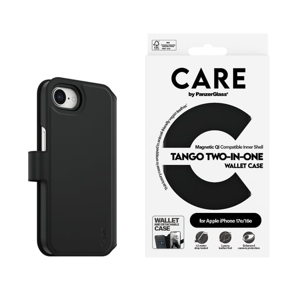 PanzerGlass CARE™ by ® Tango 2-in-1 Wallet Case w. Qi iPhone 17e | 16e mobiltelefonfodral Mobilskal Svart