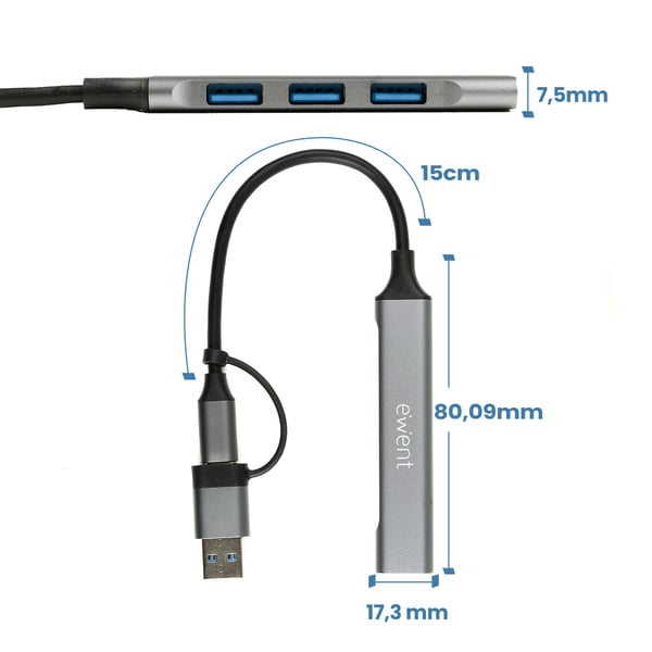 Ewent EW1154 interface hub USB 3.2 Gen 1 (3.1 Gen 1) Type-A + Type-C Grå