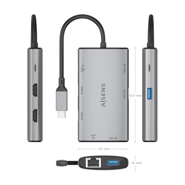 AISENS ASUC-7P049-GR kannettavien tietokoneiden telakka ja porttitoistin Langallinen USB 3.2 Gen 1 (3.1 Gen 1) Type-C Harmaa