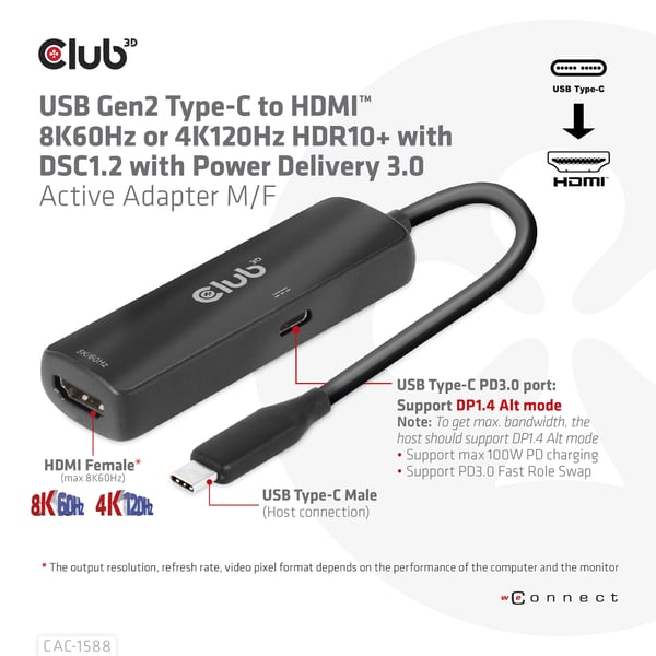 CLUB3D CAC-1588 videokabeladapter 0,17 m USB Type-C HDMI Svart