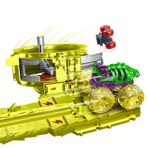 Hot Wheels Monster Trucks Power Smashers Race & Chase Challenge med Skelesaurus i overstørrelse, Bone Shaker i størrelsesforholdet 1:64 og 2 knuste biler