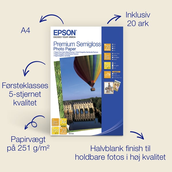 Epson Premium halvblankt fotopapir, 251 g/m2, 20 ark