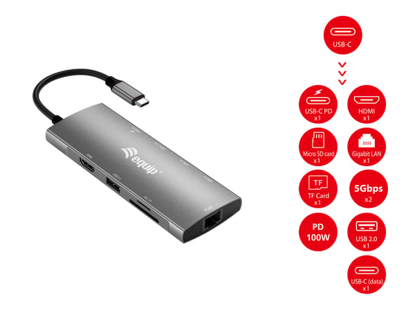 Equip 133490 kannettavien tietokoneiden telakka ja porttitoistin Langallinen USB 3.2 Gen 1 (3.1 Gen 1) Type-C Harmaa
