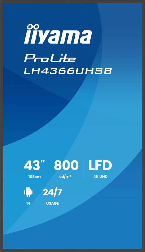 iiyama LH4366UHSB-B1AG infonäyttö Digitaalinen litteä infotaulu 109,2 cm (43") LCD Wi-Fi 800 cd/m² 4K Ultra HD Musta Sisäänrakennettu prosessori Android 24/7
