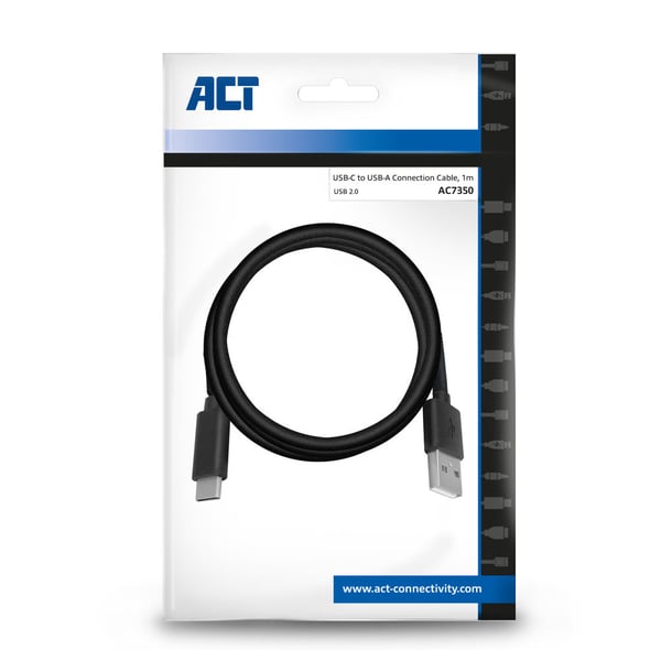 ACT AC7350 USB-kabel USB 2.0 1 m USB C USB A 0,48 Gbit/sek. 15 W Sort