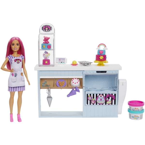 Barbie Barbie-bagerilegesæt med lille dukke på 30 cm, lyserødt hår, bageri, kagebagningsfunktion, og over 20 stykker realistiske legedele, til børn fra 3 år