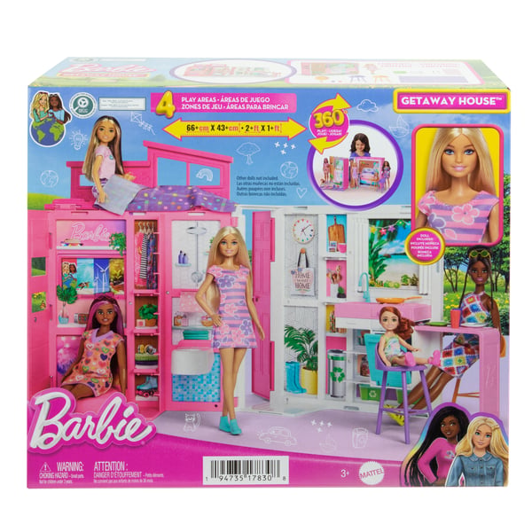 Barbie Barbies feriedukkehus med -dukke, 4 legeområder og 11 stk. dekorationstilbehør