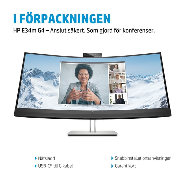 HP E34m G4 välvd WQHD-USB-C-bildskärm för konferenssamtal