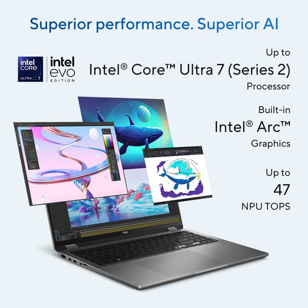 ASUS Vivobook 16 Flip TP3607SA-SI099W Copilot+ PC Intel Core Ultra 7 258V Hybridi (2-in-1) 40,6 cm (16") Kosketusnäyttö WUXGA 32 GB LPDDR5x-SDRAM 1 TB SSD Wi-Fi 7 (802.11be) Windows 11 Home Musta, Harmaa QWERTY Hollanti