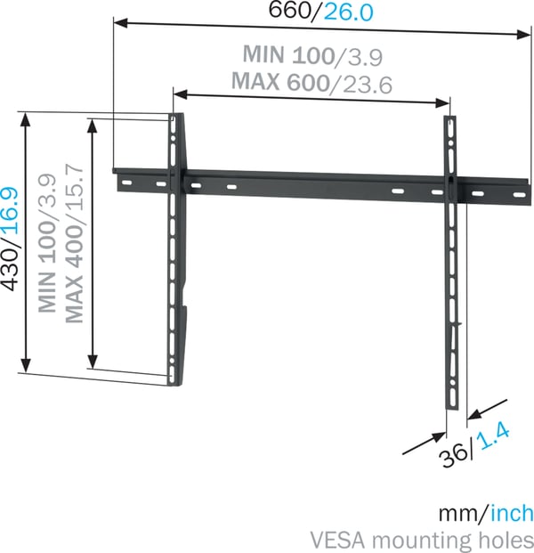 Vogel's MNT 300. WALL MOUNT FLAT WALL 2,03 m (80") Musta