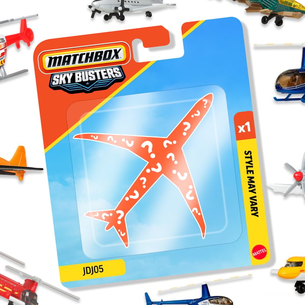 Matchbox Sky Busters , leksaksflygplan, helikopter, rymdfärja eller jetflygplan med rullande hjul och snurrande propellrar (stilen kan variera)