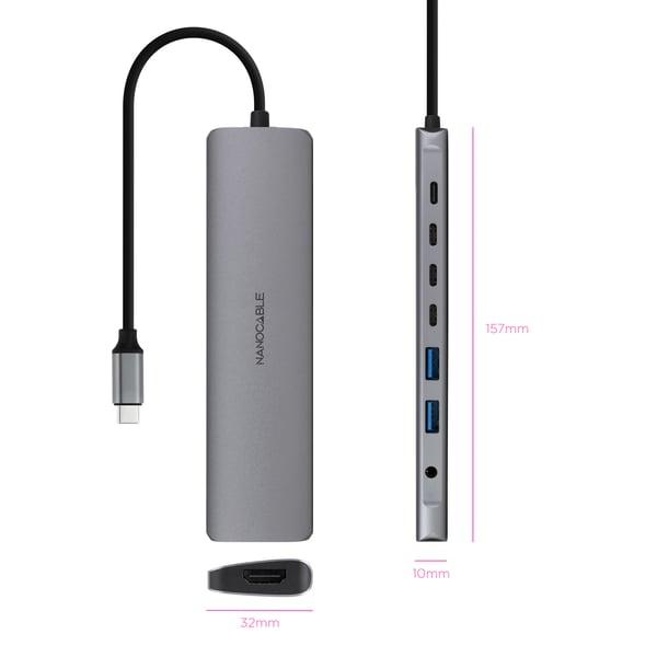 Nanocable 10.16.4608 kannettavien tietokoneiden telakka ja porttitoistin Langallinen USB 3.2 Gen 1 (3.1 Gen 1) Type-C Harmaa