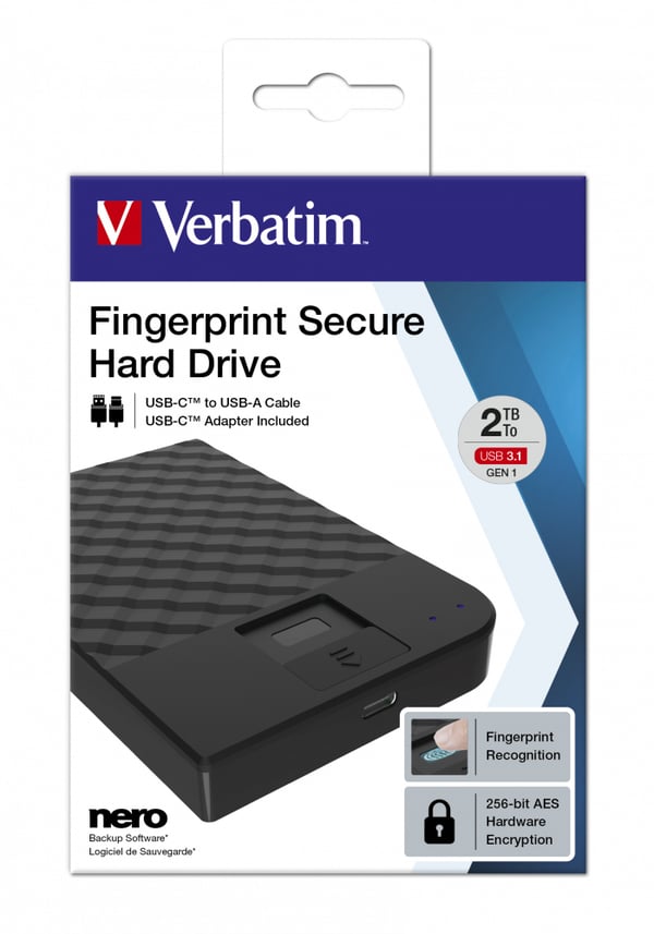 Verbatim Fingerprint Secure ulkoinen kovalevy 2 TB USB Type-C 3.2 Gen 1 (3.1 Gen 1) Musta