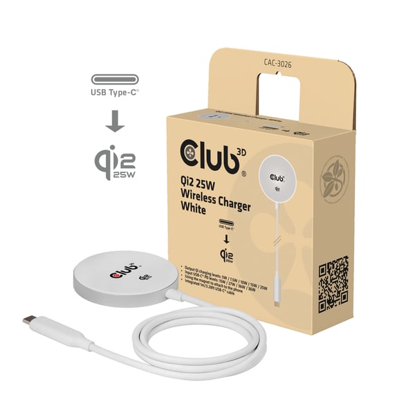 CLUB3D CAC-3026 oplader til mobil enhed Mobiltelefon, Smartphone Hvid USB Trådløs opladning Hurtig opladning Indendørs
