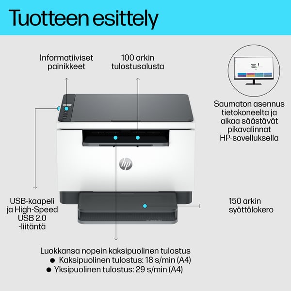 HP LaserJet M234d Multifunction Mustavalkoinen Tulostin, Kopiokone, skanneri; Kaksipuolinen