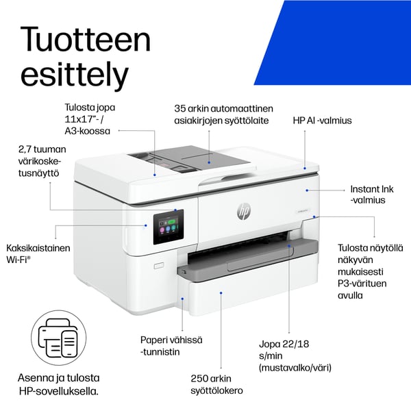 HP OfficeJet Pro 9720e Langaton All-in-One Väri Tulostin, Kaksipuolinen tulostus; Kopiokone, skanneri