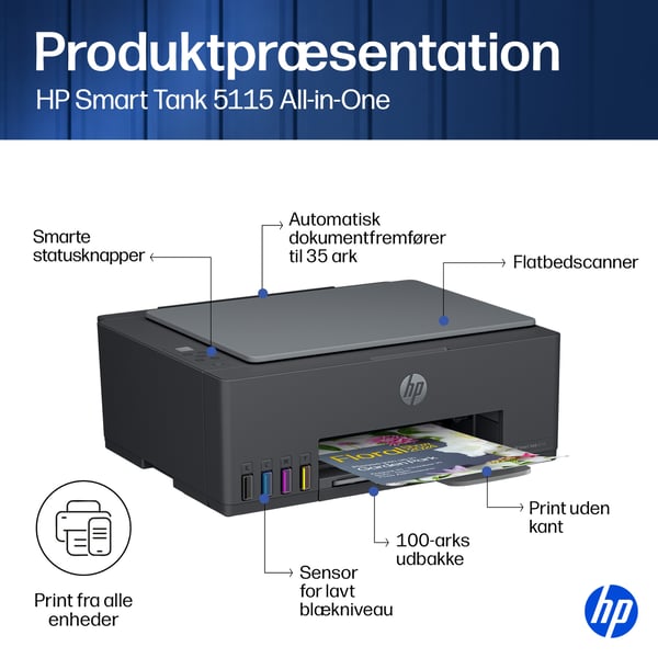 HP Smart Tank 5115 Trådløst All-in-One Farve Printer, Up to 2 Years of ink included; Two-sided printing; Copier, Scanner