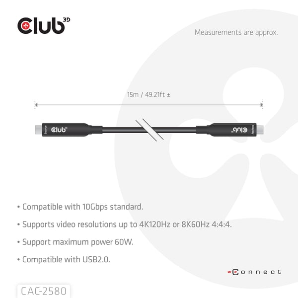CLUB3D CAC-2580 USB-kabel 15 m USB C 10 Gbit/sek. 60 W Sort