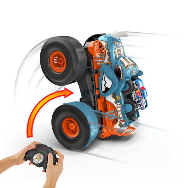 Hot Wheels Monster Trucks HW Transforming Rhinomite RC i skala 1:12 med leksaksbil i skala 1:64