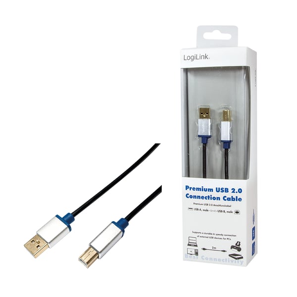 LogiLink 2m, USB2.0-A/USB2.0-B USB-kabel USB A USB B 0,48 Gbit/sek. Sort