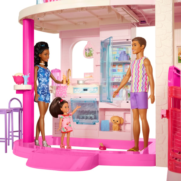 Barbie Dreamhouse-dockhus, 2 pooler, 2 rutschkanor, 2 hus, hiss med 3 våningar och över 65 delar, inklusive möbler och tillbehör