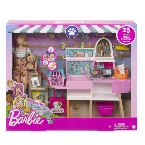 Barbie Barbie-dukke og -dyrebutik med 4 dyr og tilbehør, til 3-7-årige