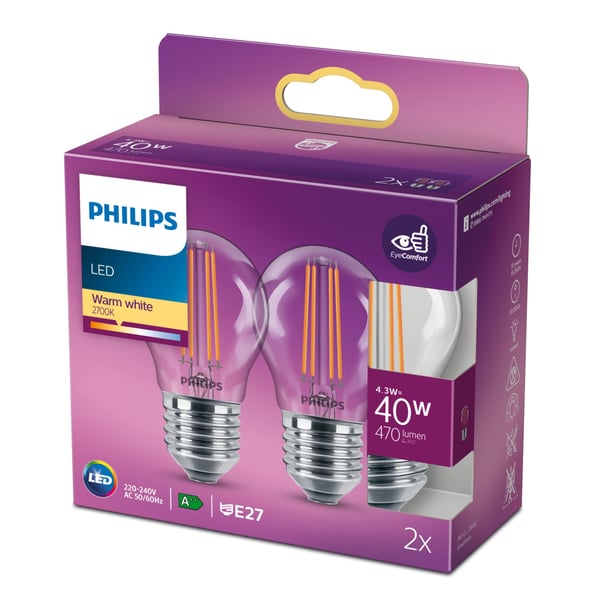 Philips Filament kertepære, klar 40 W P45 E27 x 2