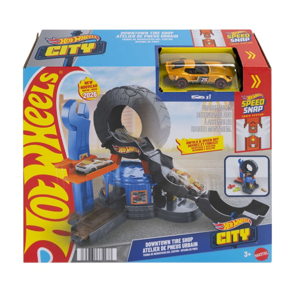 Hot Wheels City Downtown-dækshopsæt og metalstøbt legetøjsbil i størrelsesforhold 1:64, kompatibel med Speed Snap Track-systemet
