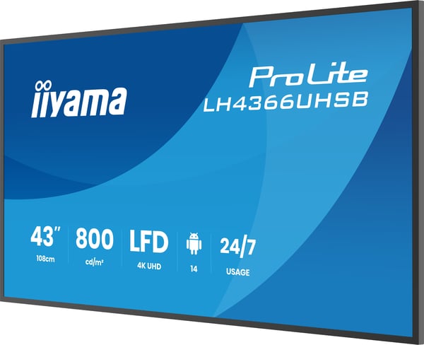 iiyama LH4366UHSB-B1AG infonäyttö Digitaalinen litteä infotaulu 109,2 cm (43") LCD Wi-Fi 800 cd/m² 4K Ultra HD Musta Sisäänrakennettu prosessori Android 24/7
