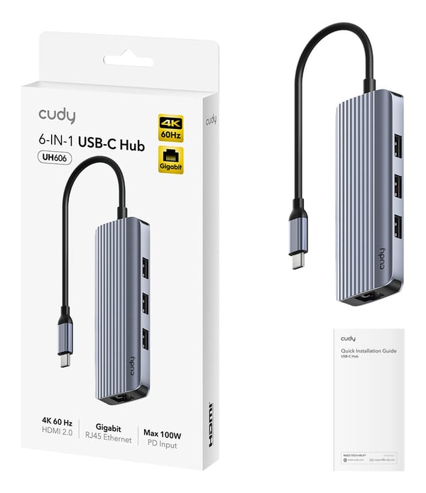 Cudy UH606 kannettavien tietokoneiden telakka ja porttitoistin Langallinen USB 3.2 Gen 1 (3.1 Gen 1) Type-C Harmaa, Hopea