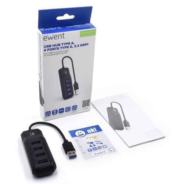 Ewent EW1138 keskitin USB 3.2 Gen 1 (3.1 Gen 1) Type-A 5000 Mbit/s Musta