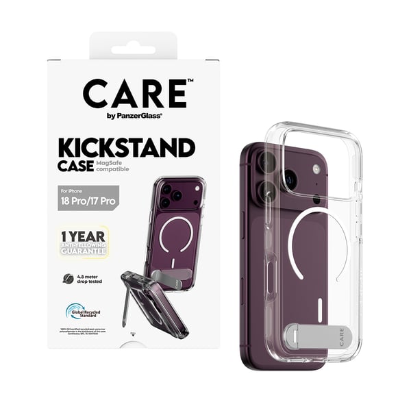 PanzerGlass CARE™ by ® Kickstand Case Transparent w. White MagSafe iPhone 2026 Pro | 17 Pro mobiltelefonfodral Mobilskal