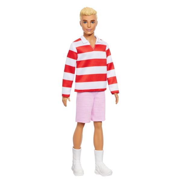 Barbie Fashionistas Ken-docka nr 241 i rödrandig tröja och rosa shorts med vita sneakers, blond