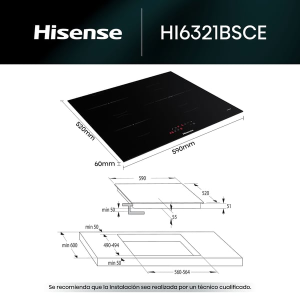 Hisense HI6321BSCE kogeplade Sort Indbygget 59 cm Zone induktionskogeplade 3 zone(s)