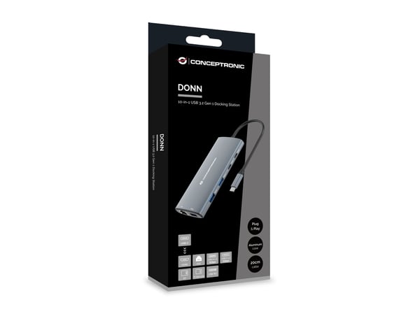 Conceptronic DONN06G kannettavien tietokoneiden telakka ja porttitoistin Langallinen USB 3.2 Gen 1 (3.1 Gen 1) Type-C Harmaa