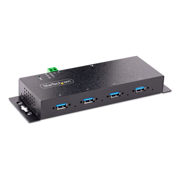 StarTech.com Industriell USB 3.0 5 Gbps-hubb med 4 portar. Robust USB-hubb med ESD- och överspänningsskydd. DIN-, vägg- eller skrivbordsmonterbar USB-A-hubb. USB-expander med låsbara portar, kraftig