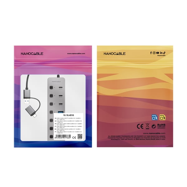 Nanocable 10.16.4510 gränssnittshubbar USB 3.2 Gen 1 (3.1 Gen 1) Type-A + Type-C 5000 Mbit/s Silver
