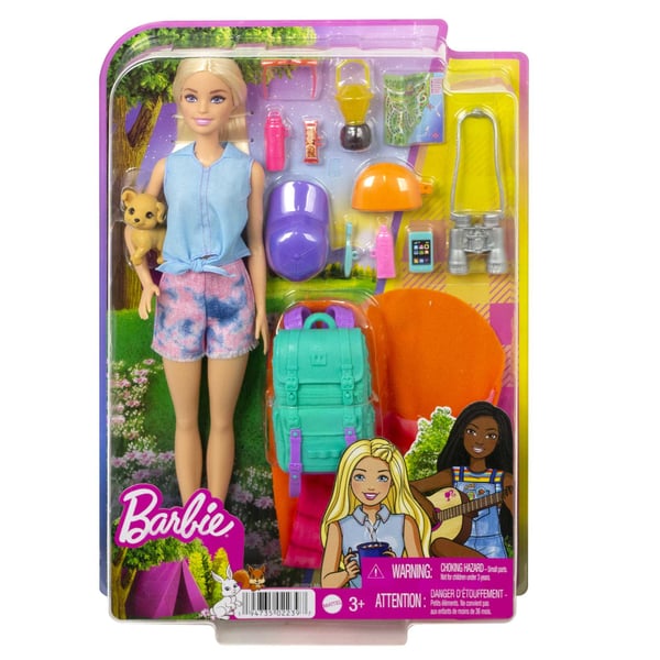 Barbie Dreamhouse Adventures It Takes Two ”Malibu”-campingdocka med hundvalp och mer än 10 tillbehör, 3 till 7 år