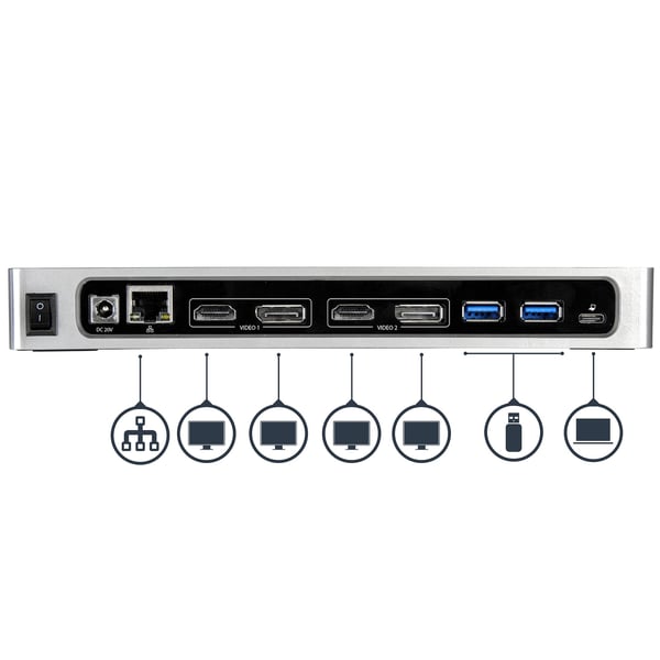 StarTech.com DK30A2DH kannettavien tietokoneiden telakka ja porttitoistin Langallinen USB 3.2 Gen 1 (3.1 Gen 1) Type-C Musta, Hopea
