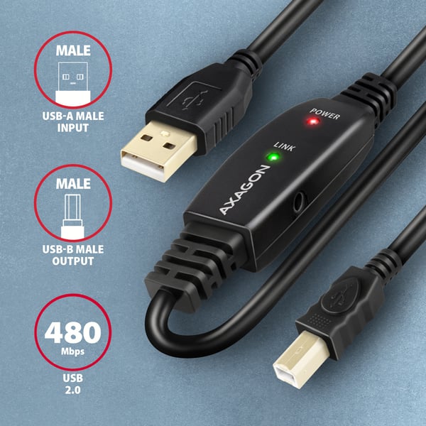Axagon ADR-220B USB 2.0 A-M -> B-M active connecting/repeater cable 20m - Kabel - Digital/Daten USB-kaapeli USB A USB B 0,48 Gbit/s Musta