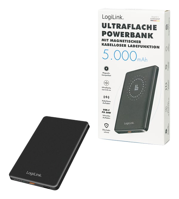 LogiLink PA0352 akku- ja paristolaturi 5000 mAh Langaton lataaminen Musta