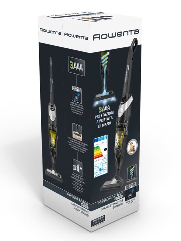Rowenta RH8155WA stav støvsuger & elektrisk kost Stick vakuum Vekselstrøm Dry Cyclonisk Poseløs 0,9 L 750 W Sort, Sølv, Gul
