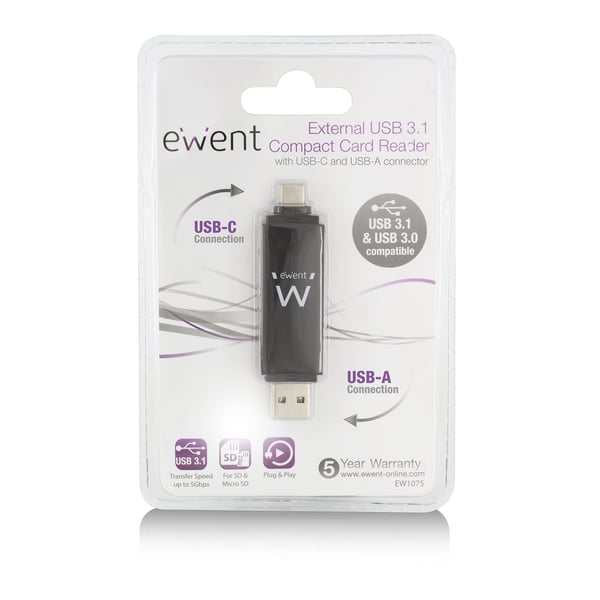 Ewent EW1075 kortinlukija USB 3.2 Gen 1 (3.1 Gen 1) Type-A/Type-C Musta