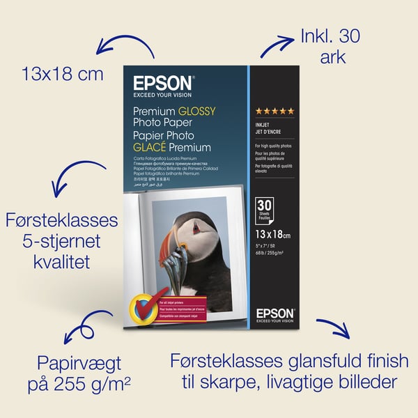Epson Premium blankt fotopapir, (130 x 180 mm), 255 g/m2, 30 ark
