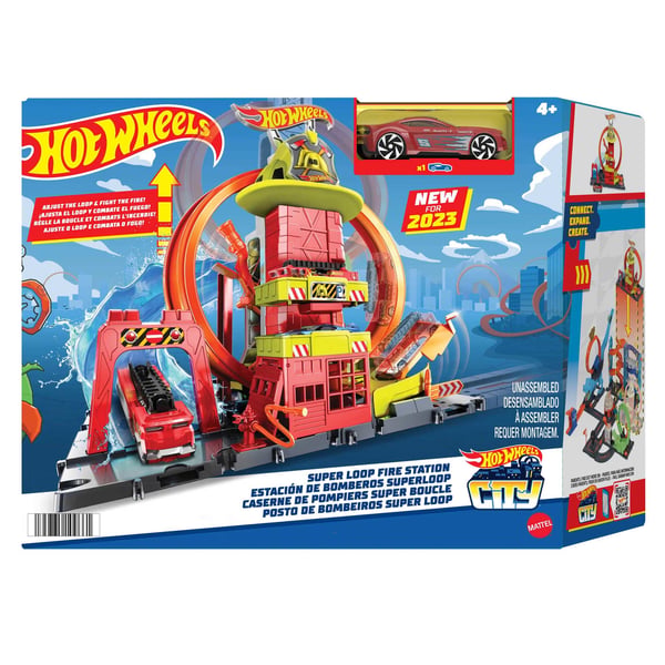 Hot Wheels City Super Loop-brandstationslekset, banset med 1 leksaksbil
