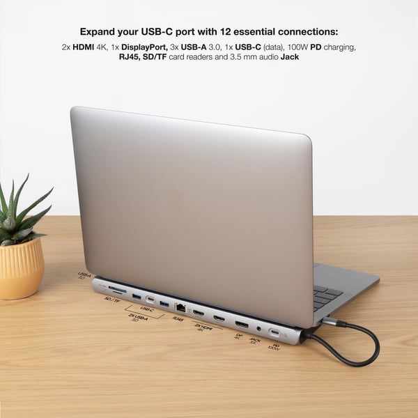 Nanocable 10.16.1012 kannettavien tietokoneiden telakka ja porttitoistin Langallinen USB 3.2 Gen 1 (3.1 Gen 1) Type-C Harmaa