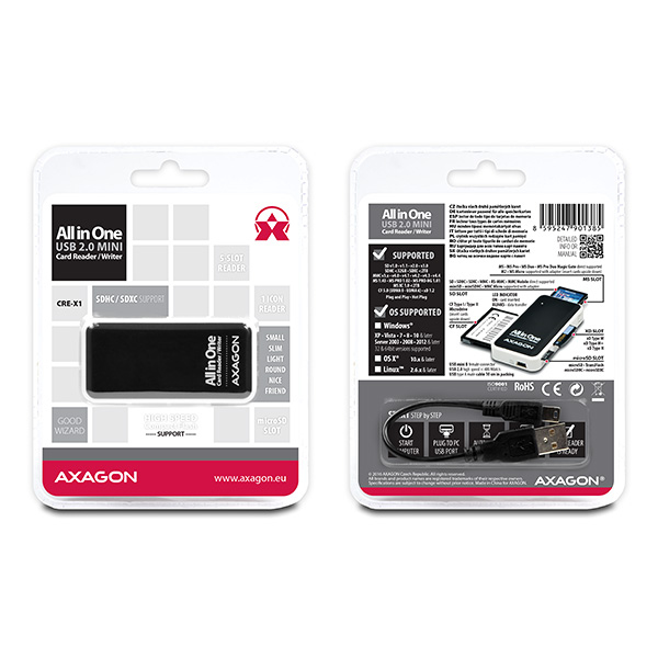 Axagon CRE-X1 kortläsare USB 2.0 Svart, Vit